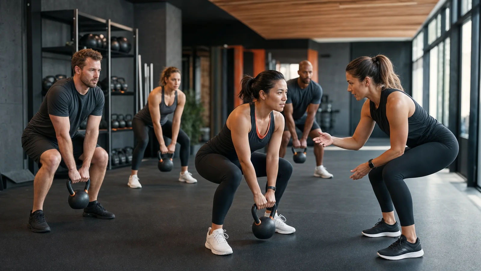 Coach begeleidt een small-group training met kettlebells
