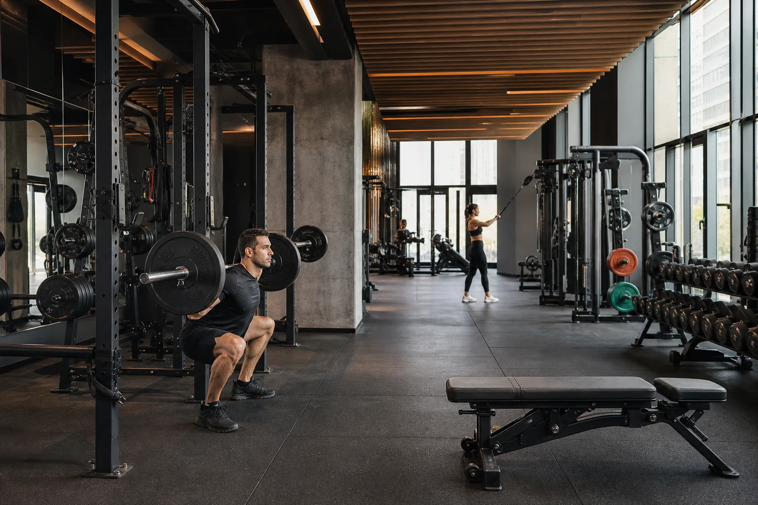 Ruime strength floor met racks, kabelstations en dumbbells