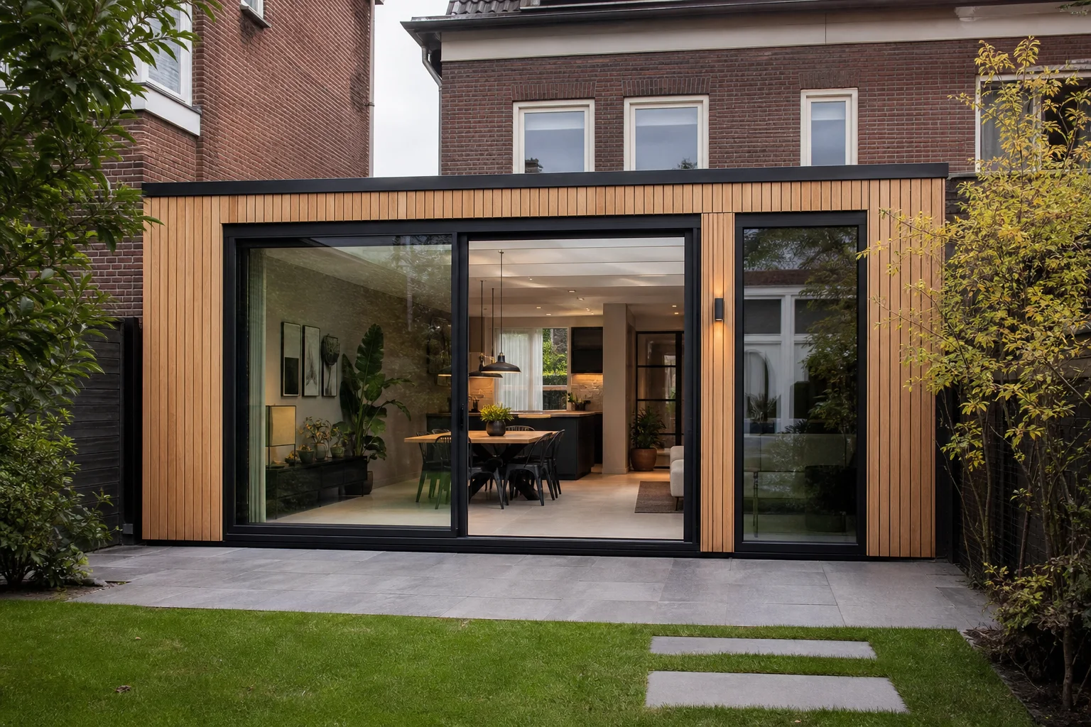 Moderne houten aanbouw aan een bestaande woning