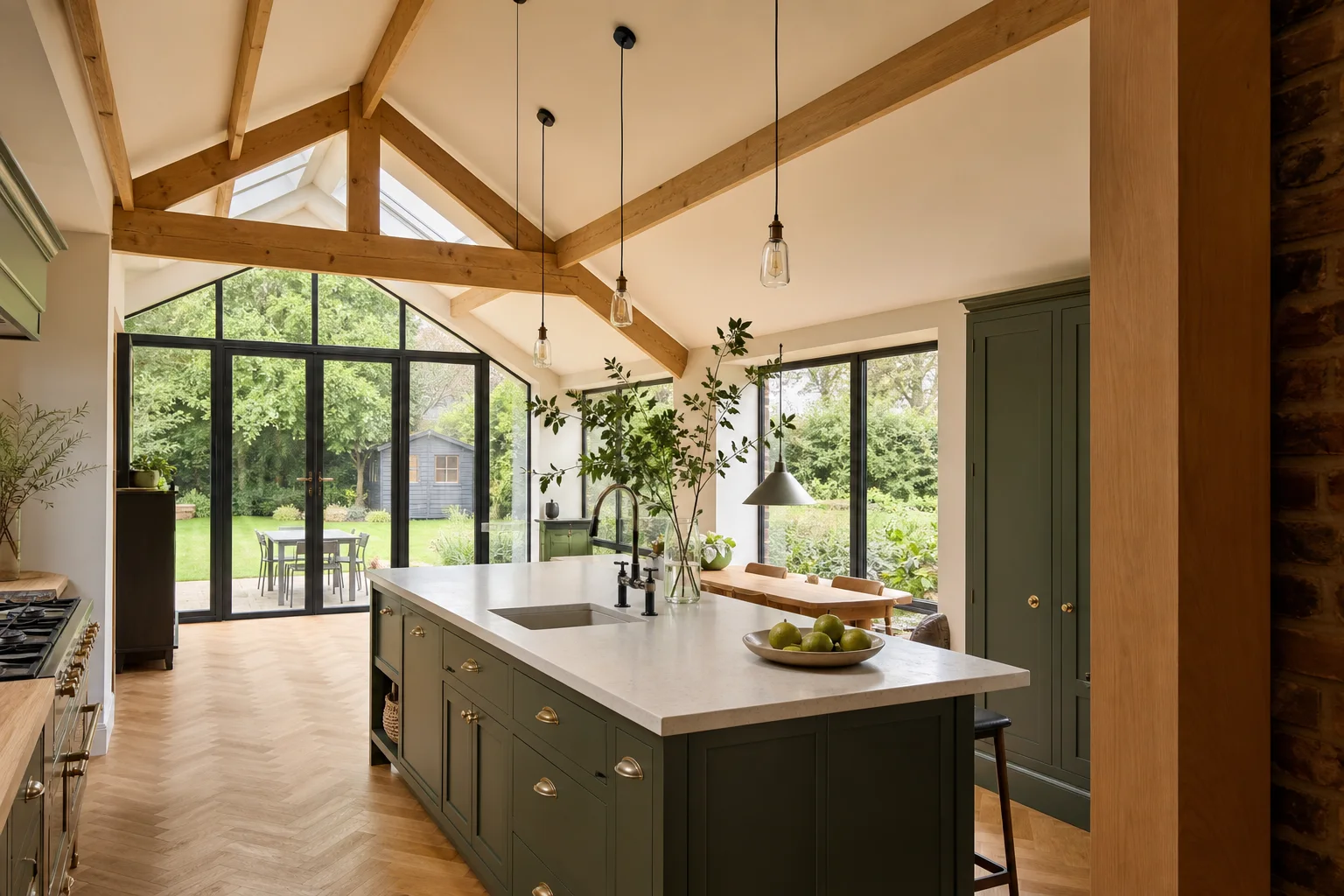 Fictief interieur van een opgeleverde aanbouw met houten balken