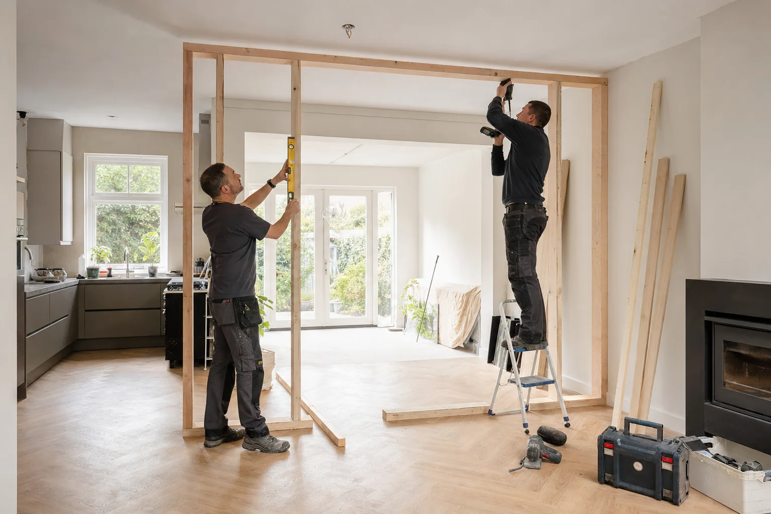 Twee vakmensen werken aan een verbouwing in een woning
